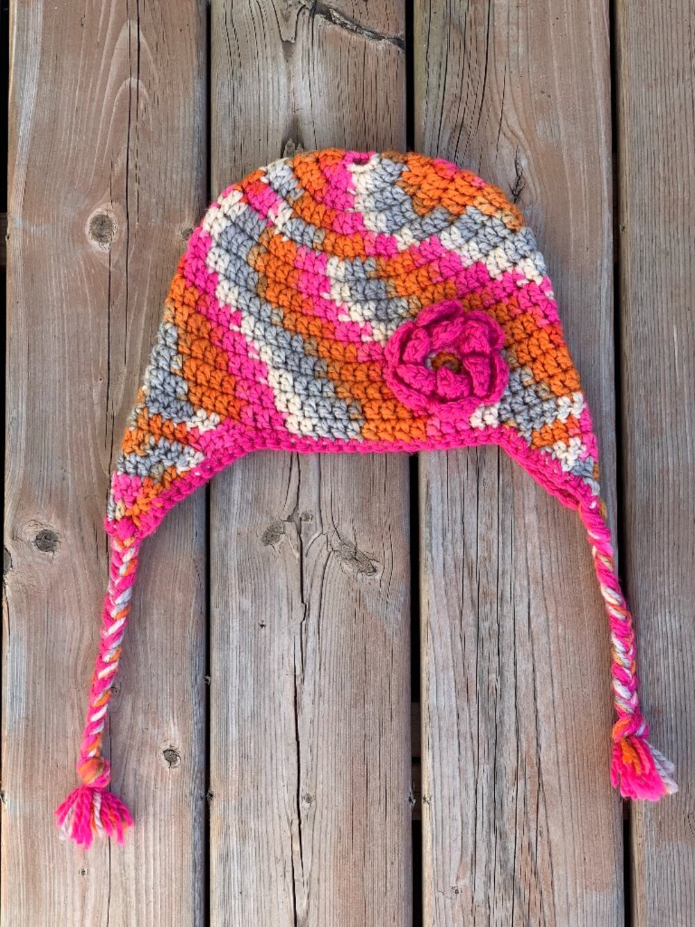 Hand Knit Beanie Hat Ear Flaps Tassels Pink Ski Cap Colorful Wool Flower Touque